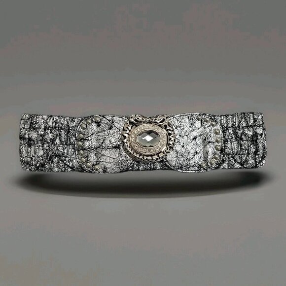 Women's Belt Interlocking Crystal & Leopard Heads Silver/Black Stretchy 28" - Picture 1 of 7